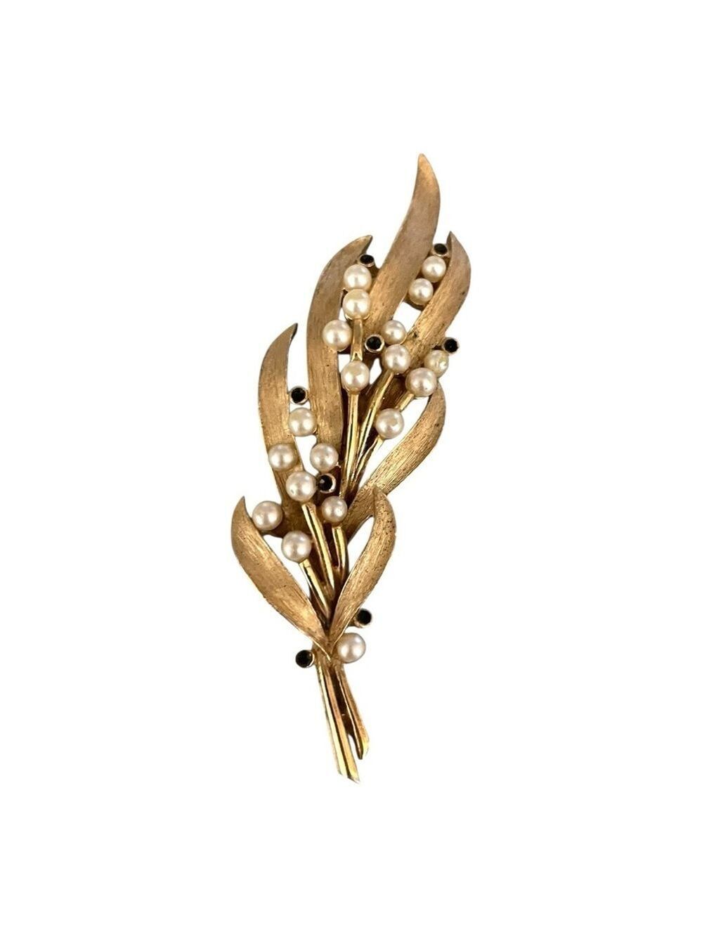 Vintage Crown Trifari Brushed Gold Tone Leaf Faux Pearls MCM Brooch